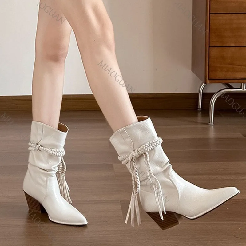 

Autumn New Western Cowboy Boots for Women Tasseled Hemp Rope Pointed Toe Fashion Shoes Chunky Heeled Stacked Mid-calf Boots