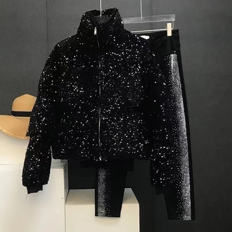 Mens Jacket Harajuku Streetwear Sequin Puffer Coat Loose Fit Winter Quilted Cotton Jacket Shiny Design Warm Casual Fashion Trend