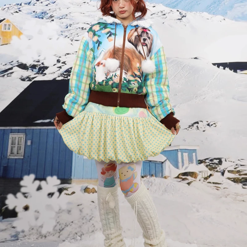 Autumn And Winter Warm Cotton Padded Jackets Cute Cartoon Print Versatile Sweet Short Hooded Jaquetas Girl's Jacket Fleece Coats