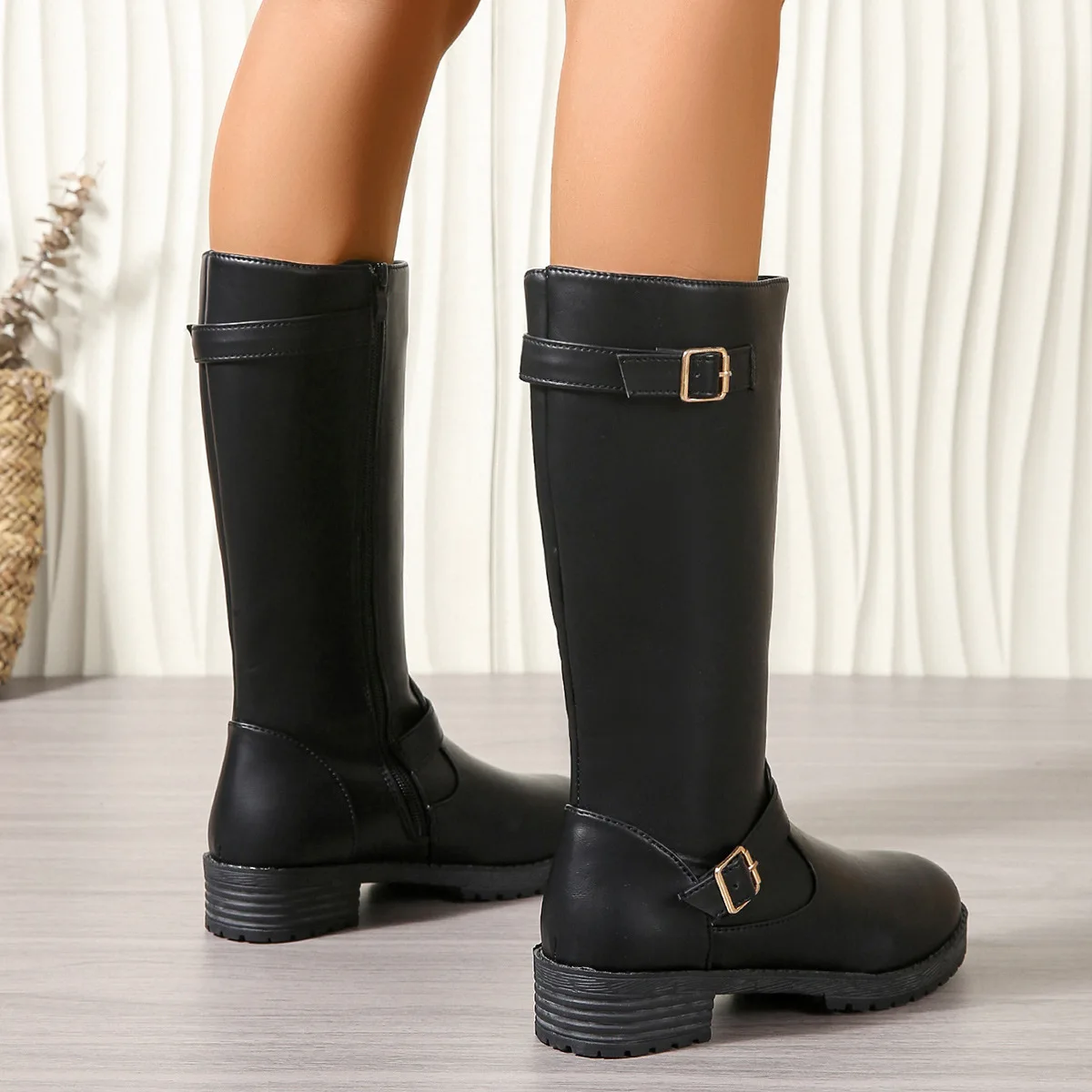 Autumn New Arrival Woman Mid-Calf Boots Shoes 2025 Early Winter Trend Round Toe Low Heel Belt Buckle Knight Boots Plus Size 43