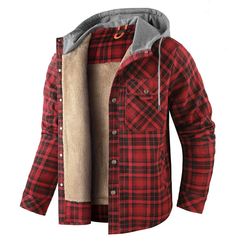 

Winter New Fleece Thickening Men Lattice Keep Warm Tops Retro Style Fashion Hooded Jacket Outdoors Male Cultivate Oneself Coats