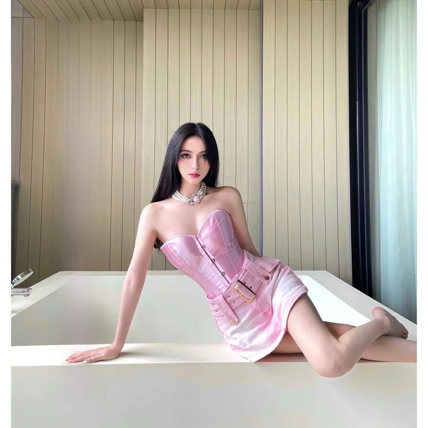 

Spicy Girl Denim Skirt Set Women's Autumn Pink Tube Top Or Denim Skirt Inner Wear Two-Piece Set Faionable Chic