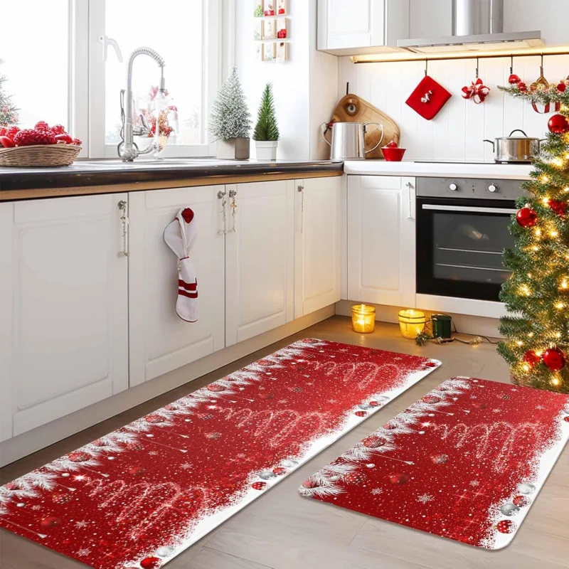 

Red Christmas Tree Kitchen By Mat Flannel 2-piece Set Floor Mat Decoration 20inX31in 18inX47in