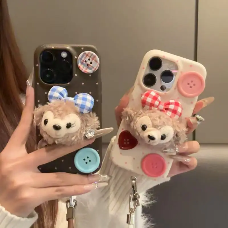 The Disney Bear Duffy Phone Case with Lanyard for iPhone 16 15 13 14 11 12 Pro Max XS XR 7 8 Plus SE20 3D Plush doll Phone Case