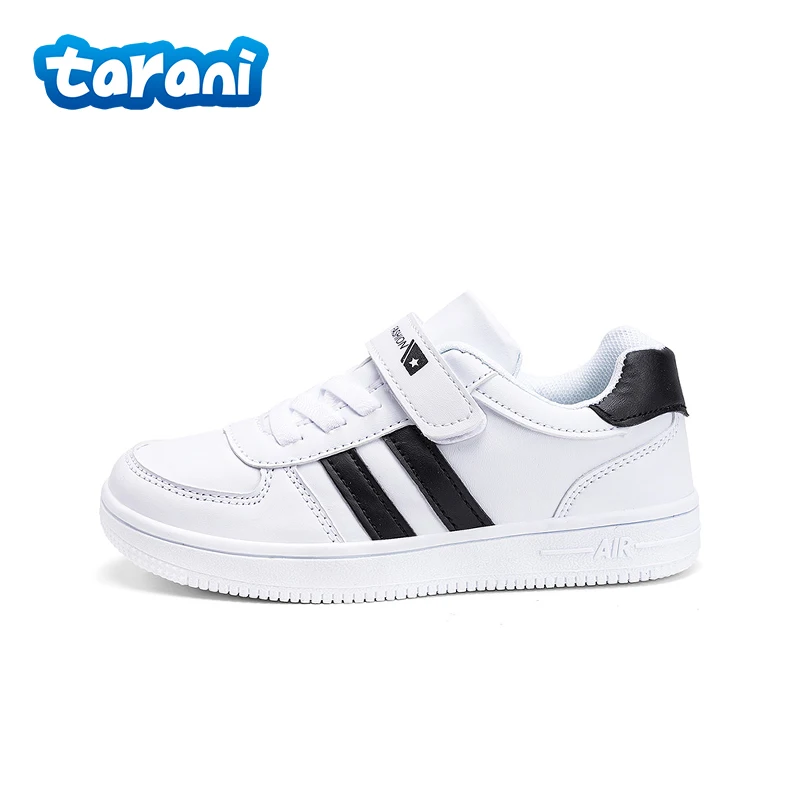 

White Leather Classic Kids Casual Board Shoes with Fashion Black Stripes Boys Girls Non-Slip Sole Lightweight Sports Sneakers
