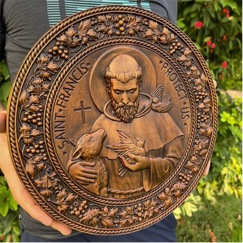 Hand Carved St. Francis Wooden Wall Plaque - Catholic Saint Statue, Christian Home Decor, Round Religious Art, Vintage Monastery