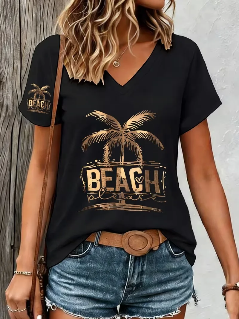 

Fashion Golden Coconut Tree Beach 3D print women's T-shirt for summer comfort V-neck short sleeved daily casual y2k women's top