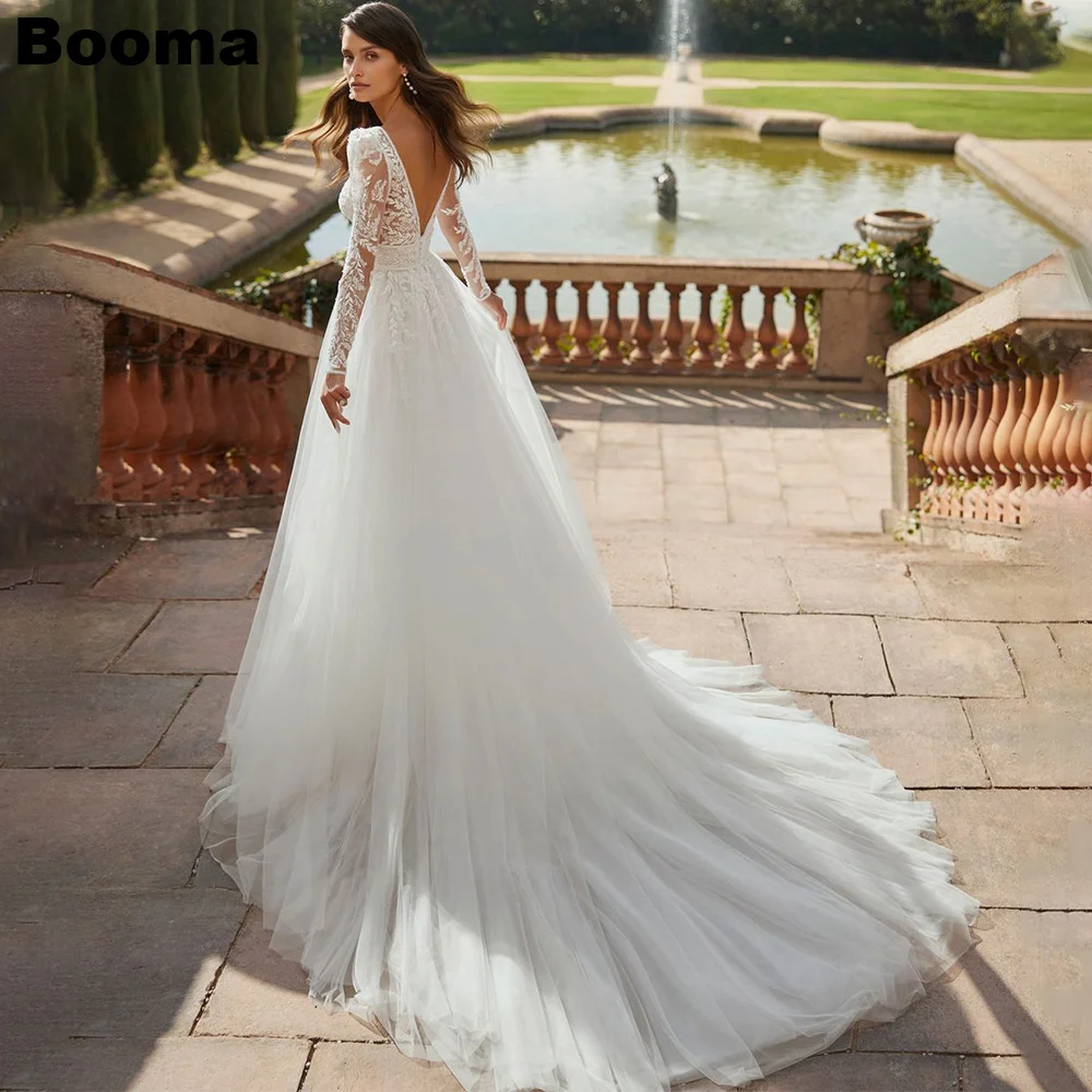 

Booma A-Line Boho Wedding Dresses Deep V Neck Long Sleeves Backless Brides Party Gowns for Women Tulle Sweep Train Bridals Dress