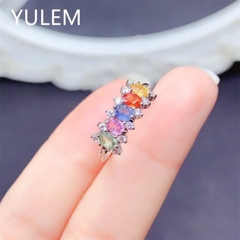 YULEM Genuine Rainbow Sapphire Ring 3x4mm Oval Natural Multi Sapphire S925 Sterling Silver Women Gemstone Ring Fine Jewelry