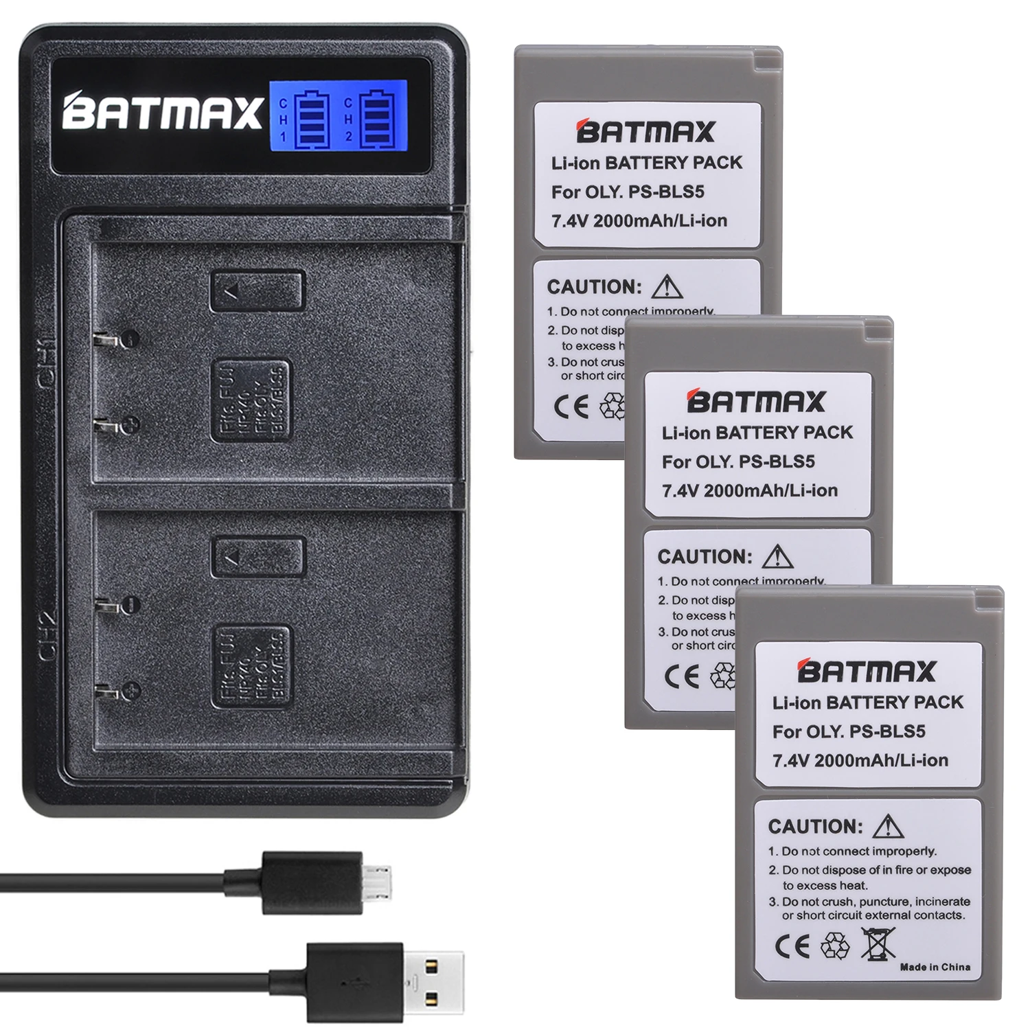 2000mAh PS BLS5 PS BLS-5 Battery + LCD Dual Chager with Type C Port for Olympus PEN E-PL5, E-PL6, E-PL7 E-PL2, E-PM2, OM-D