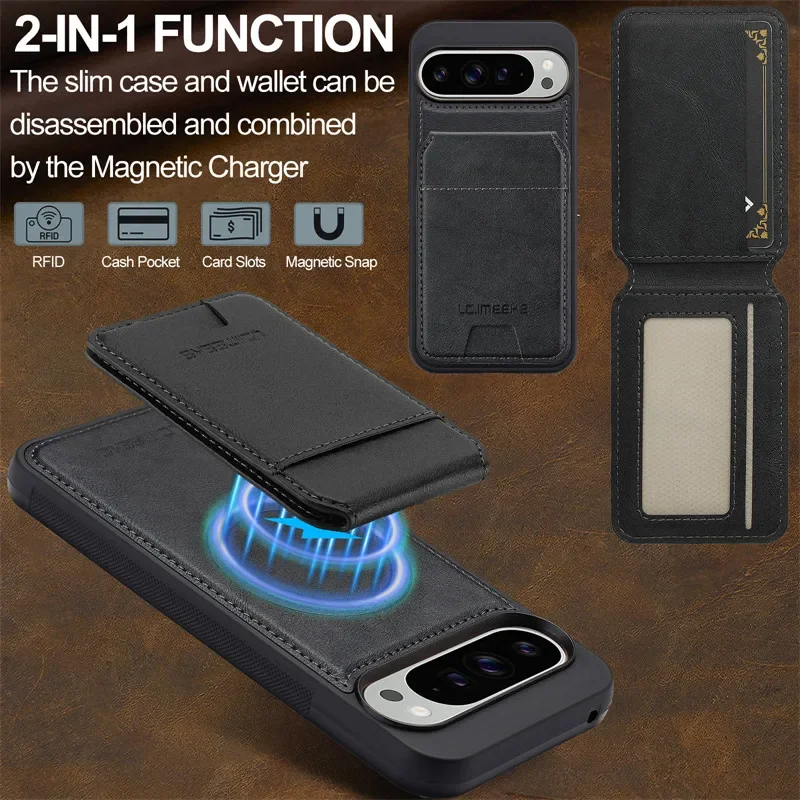 2 In 1 Magsafe Magnetic Flip Leather Phone Case for Google Pixel 9 Pro XL 8 7 Pro 8A 7A Wallet Card Pocket Back Cover Coque Etui