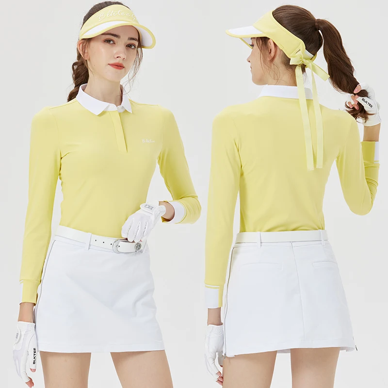 

Blktee Women Golf Polo Shirt Patchwork Long Sleeve Tops Ladies High Waisted Anti-light Golf Skirt Pleated Sporty Pencil Skorts