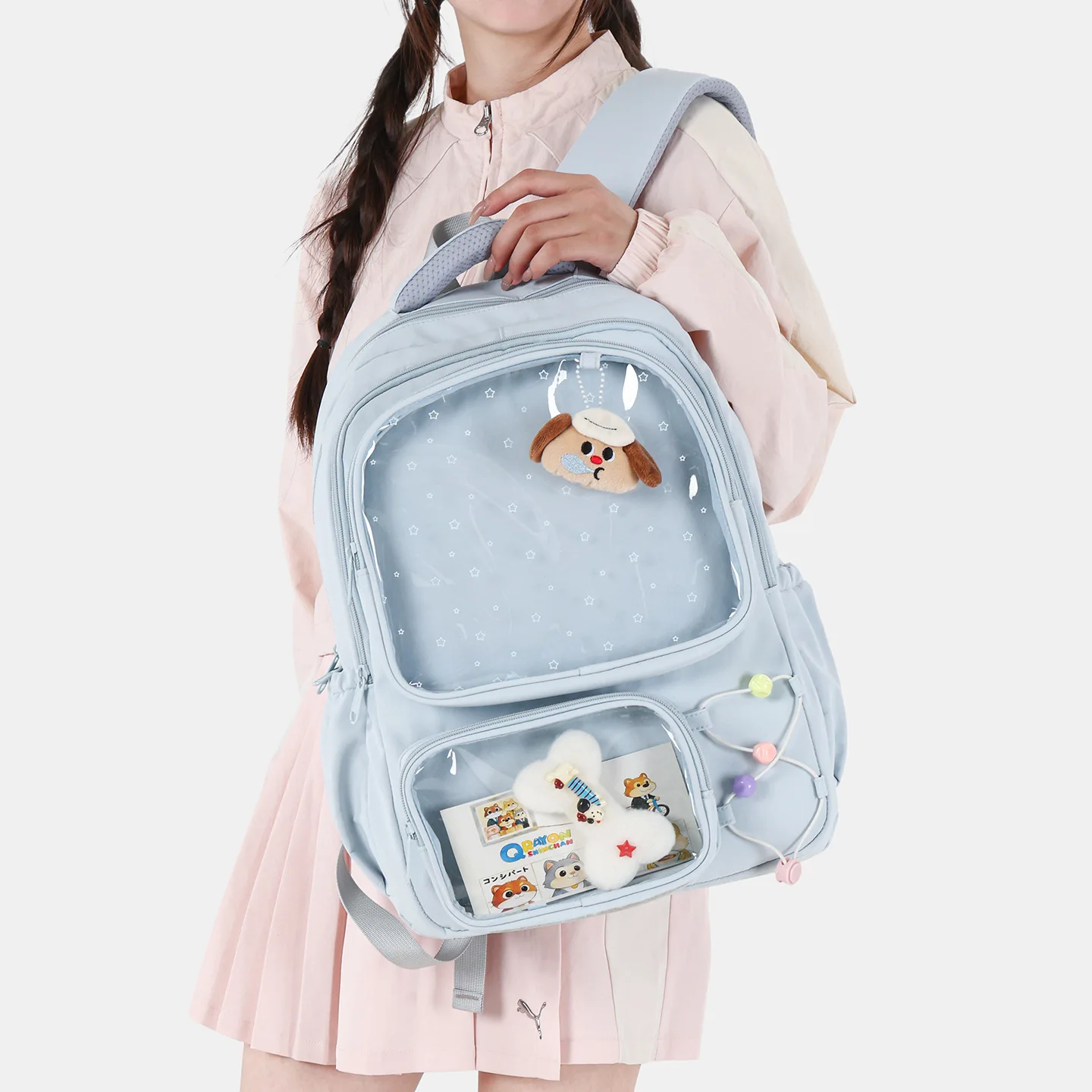 Kawaii Double Clear Pocket Ita Backpack Cute Transparent Window Pin Display Backpack Large Capacity Student School Bag