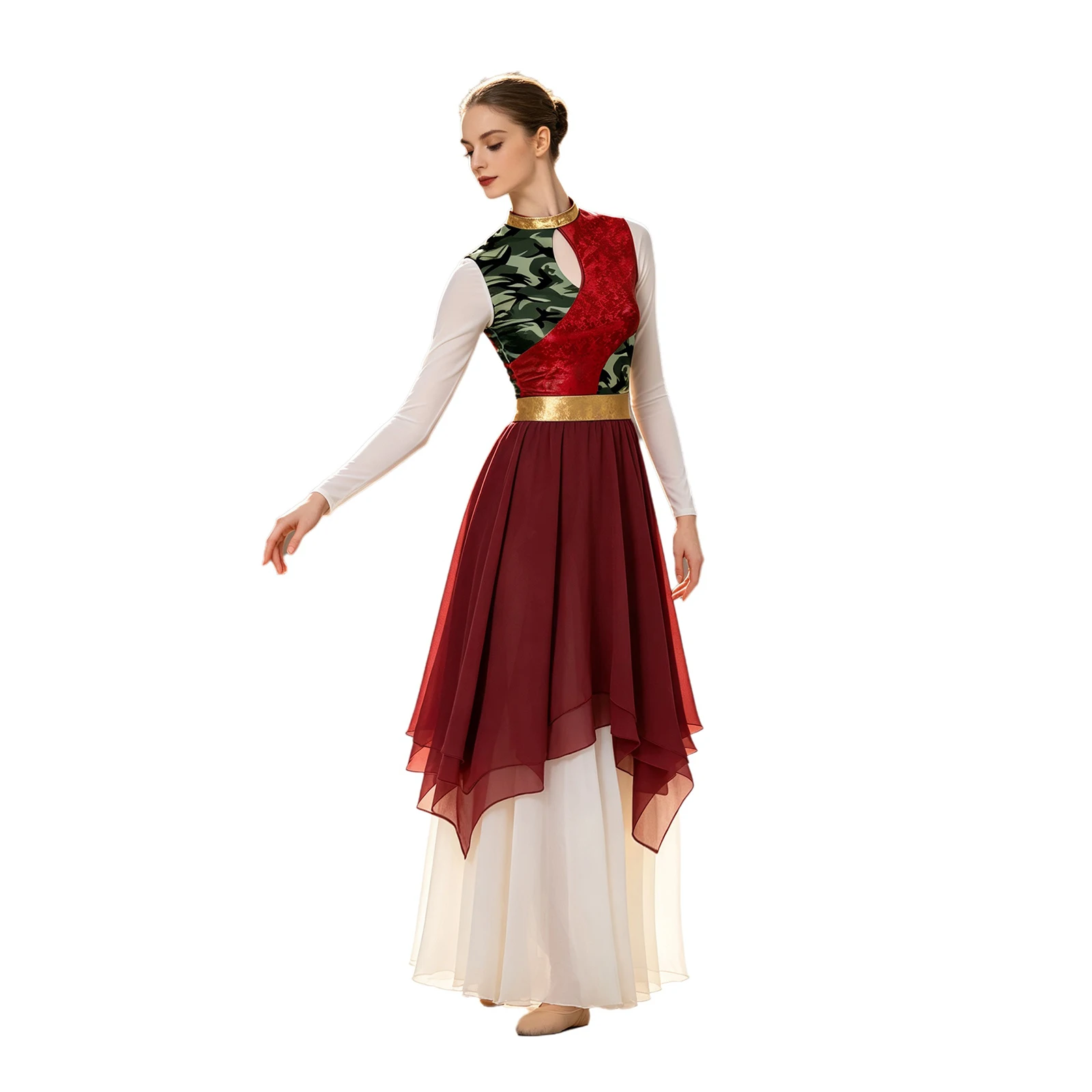 Damen-Lyrik-Tanzkleid, Kostüm für Gottesdienste und Lobgesänge, mit Metallic-Print, aufgesetztem Oberteil, Schlüssellochausschnitt vorne, ärmellos, unregelmäßiger Saum, Tunika-Kleid. – Detail 11