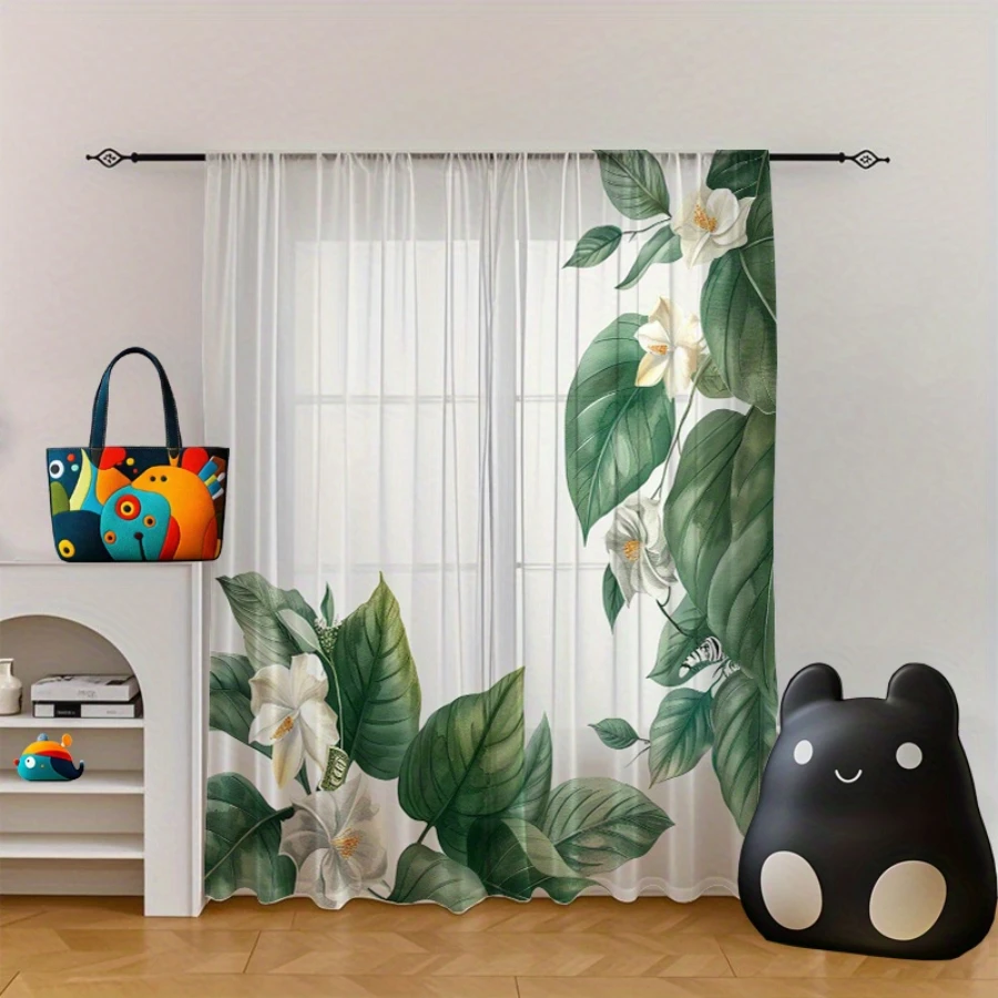 2PCS Digital Printed Sheer Curtain, Forest Island White Lotus, Zen Botanical Water Flower for Living Room Bedroom Home Decor
