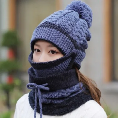 Winter Women's Knit Hat New Youth Winter Thick Plus Cashmere Warm Masks Hat Scarf Autumn Wool Ball Cover Ear Collar Three Set