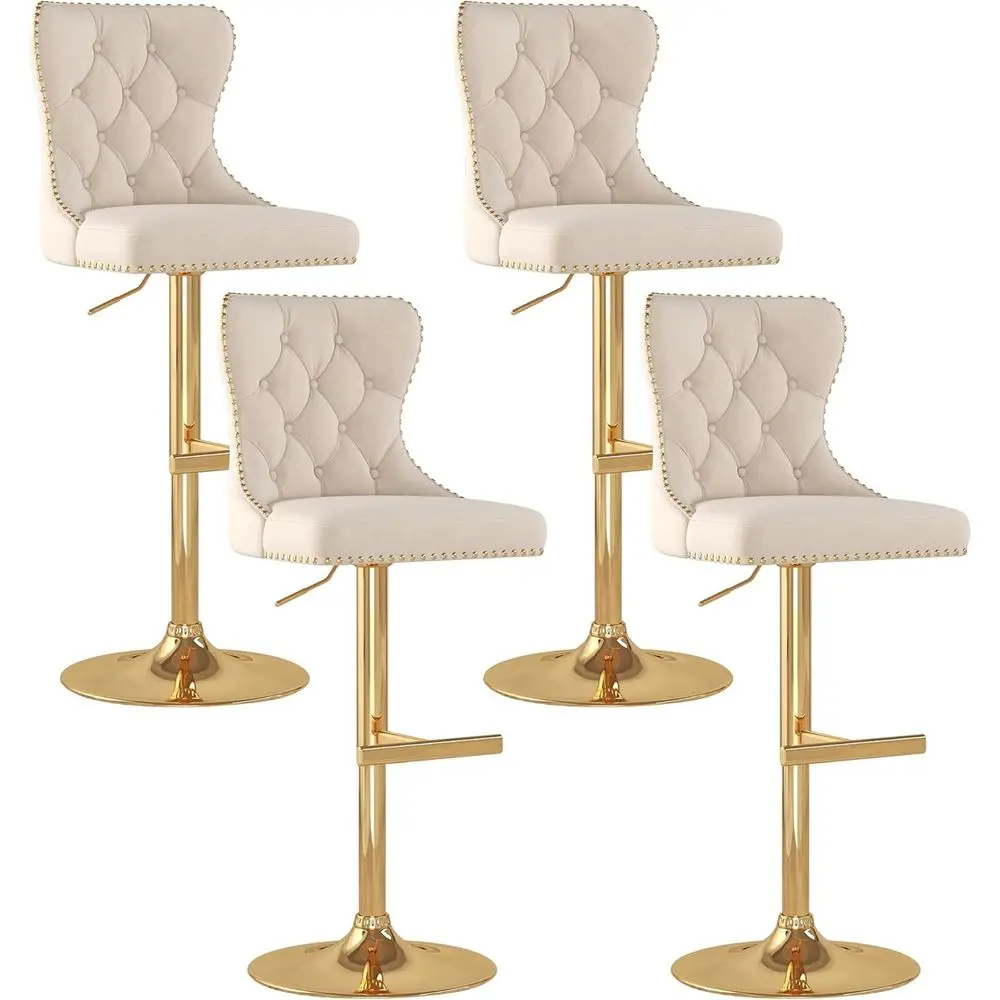 

Набор из 4 бархатных поворотных барных стульев, высота стойки с тафтинговой спинкой, регулируемые сиденья, золотая основа, бежевые стулья с мягкой обивкой для Ki