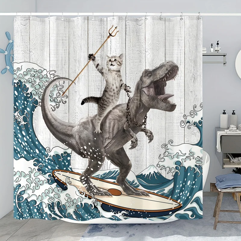 1PC surfing dinosaur ocean, fun cat, wave shower curtain set, waterproof fabric bathroom