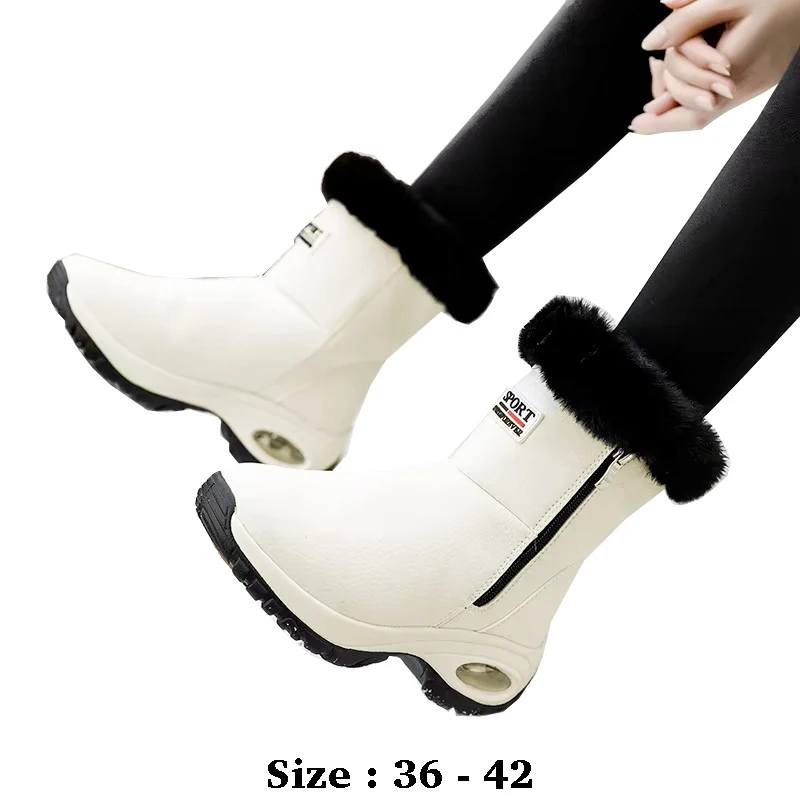 

High quality ankle length leather women snow boots with air cushion 2025 winter outdoor fur lining warm walking shoe black white