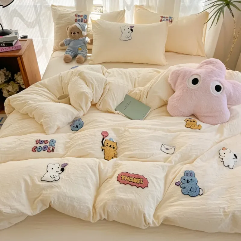 

New washed cotton towel embroidery four-piece set animal paradise bed sheet bed hat home student dormitory three-piece set