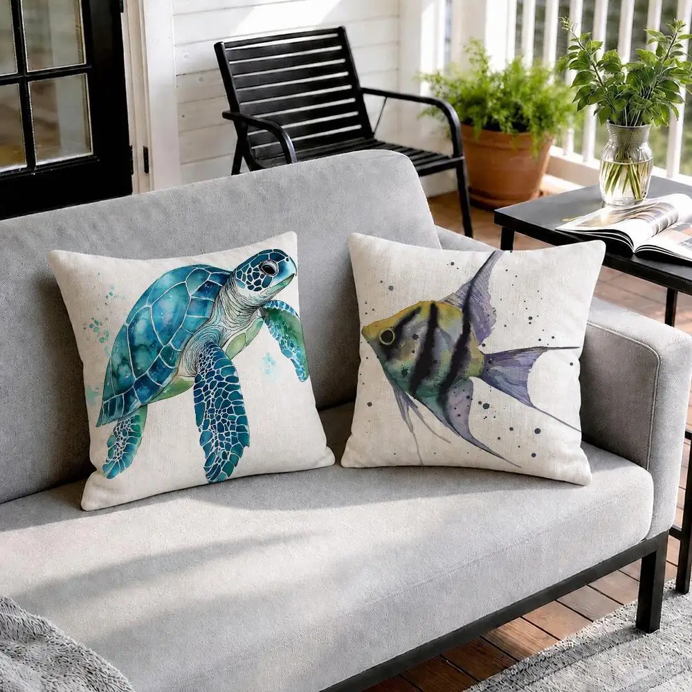 Sea Animal Turtle Coral Cushion Cover Natural Linen Organic Fabric Double-Sided Printing Sofa Home Decor Gift Pillow Cover