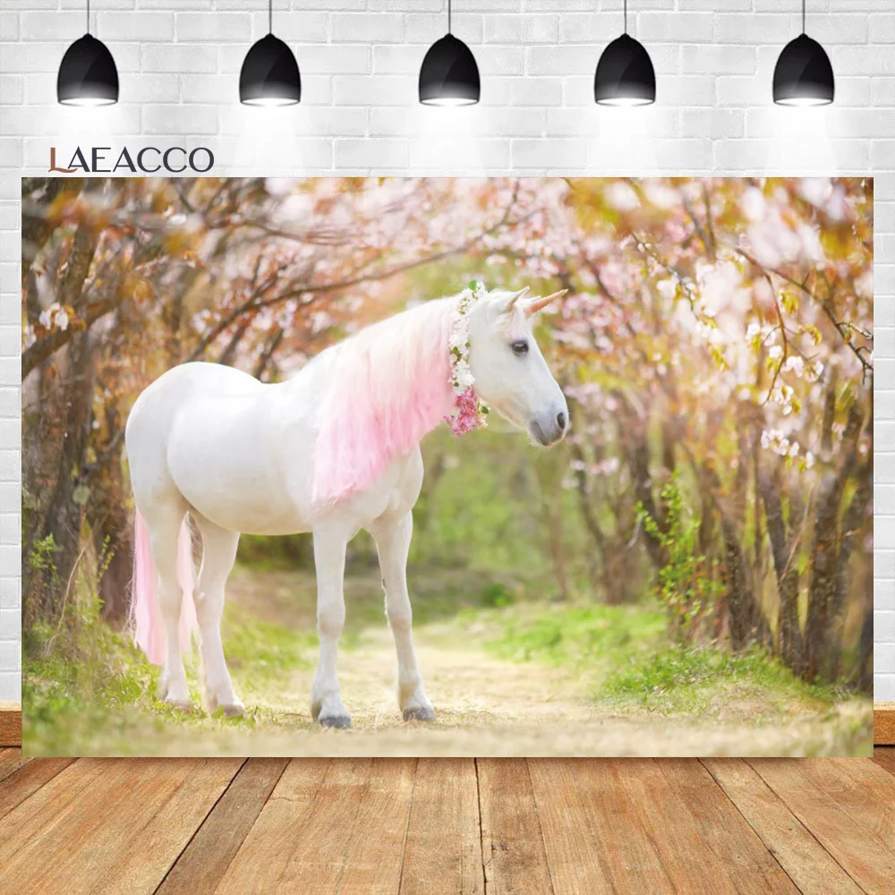 

Laeacco Spring Blossom Cherry Unicorn Backdrop Sweet Sakura Flower Jungle Kids Girls Birthday Portrait Photography Background