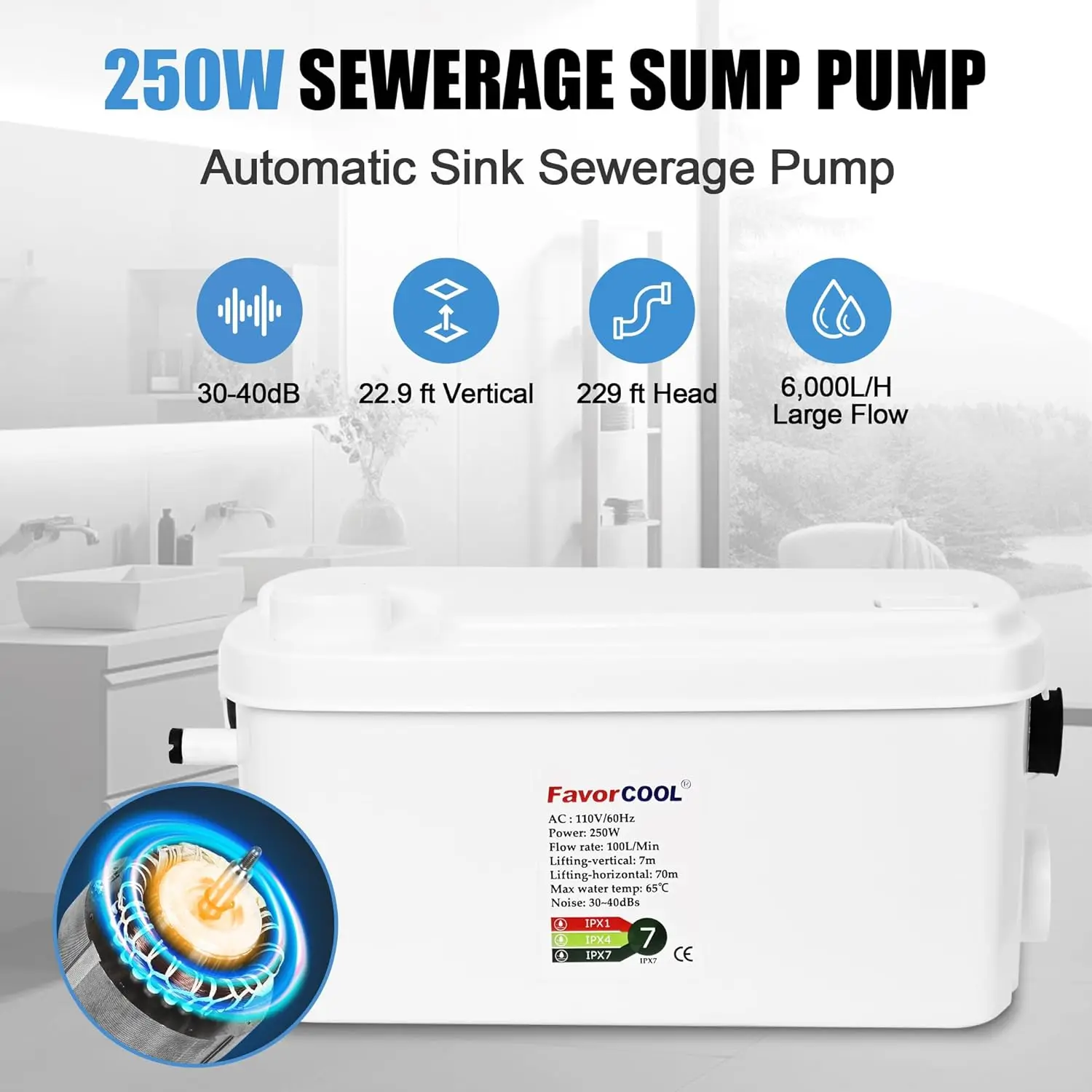 Macerator Pump Sink Sewerage Pump, 250W Sewerage Sump Pump Upflush to 22.9ft/7 m with 3 Water Inlets for Basement, Kitchen Sink