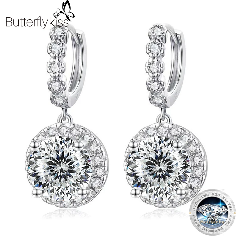 

Серьги-кольца Butterflykiss, настоящие сверкающие 3,0 карата, муассанитовые серьги-кольца, 100% серебро S925, висячие серьги для женщин, ювелирные изделия