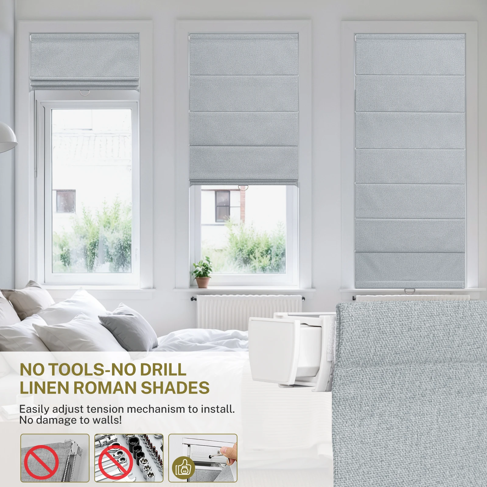 Moonice No Drill Roman Shades for Windows Cordless Linen Roman Shades Elegant Fabric Roman Shades for Home Custom Door Blinds