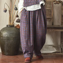 New Hot selling Women Plaid Straight Pants Elastic Waist Vintage Cotton Linen Trouser Spring Pockets Korean Style Female Pants