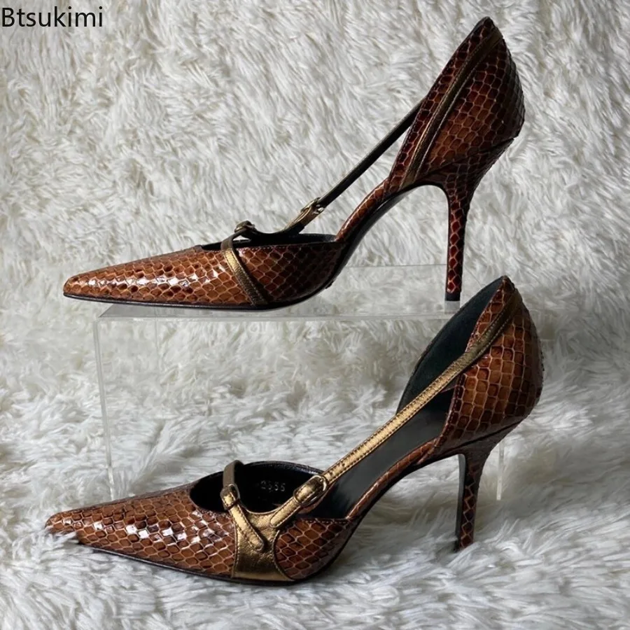2026 Summer Niche Design Pointed Thin Heel Snake Skin Pattern High Heels for Women Retro Spicy Girl Belt Buckle Hollow Sandals