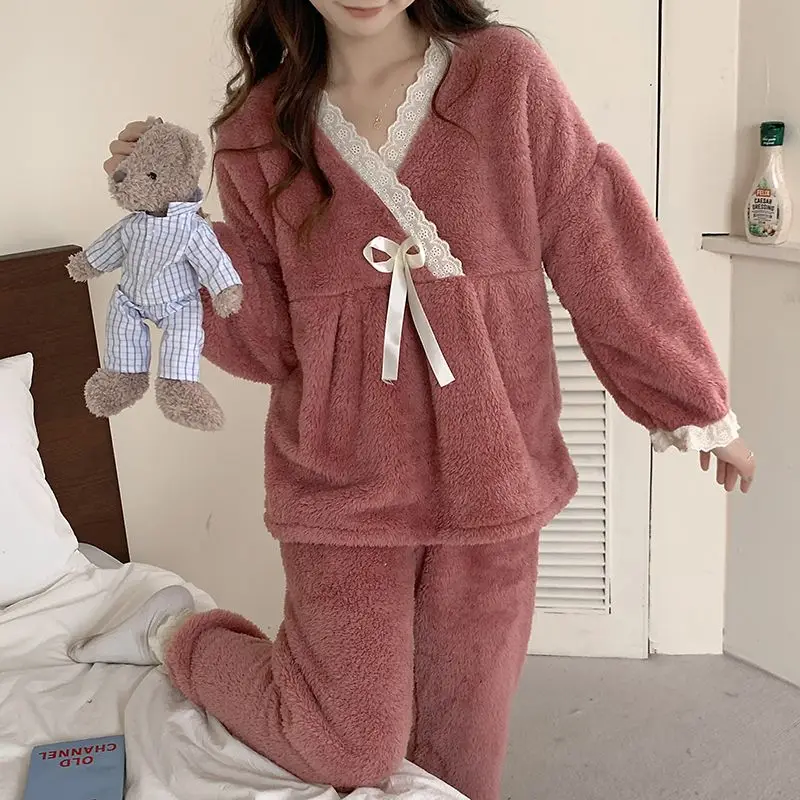 Women Pajama Sets Lace Splicing Warm Long Sleeve Elastic Waist 2 Pieces Sets Sweet Pajama Casual Warm Coral Fleece Home Clothes