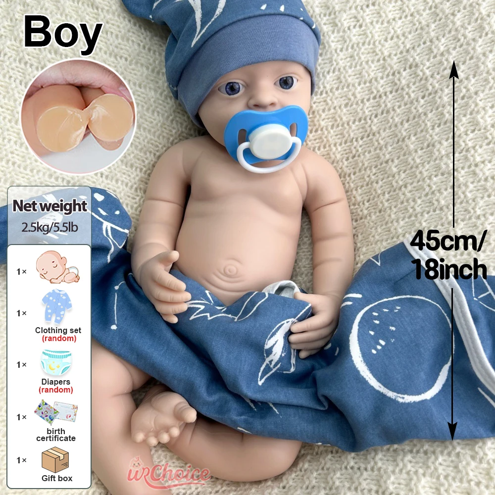 Detalhes realistas Boneca pesada impermeável de toque suave de bebê renascido de silicone em branco de 45cm para produções de artista e cinema