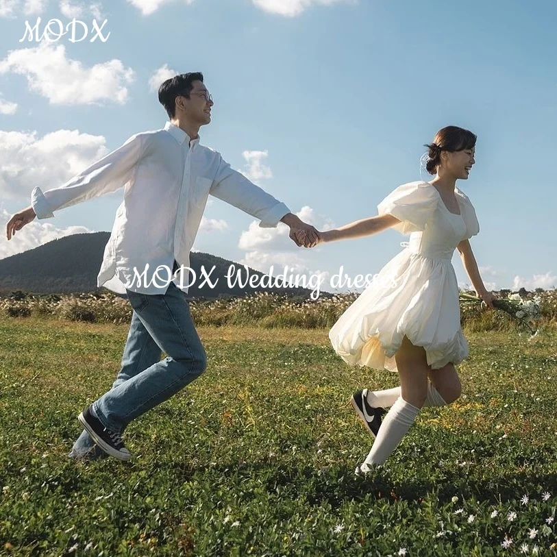 MODX Simple White Mini Wedding Dresses Square Neck Short Sleeve Korean Photoshoot Ruffles Formal Vestidos De Novia Customized