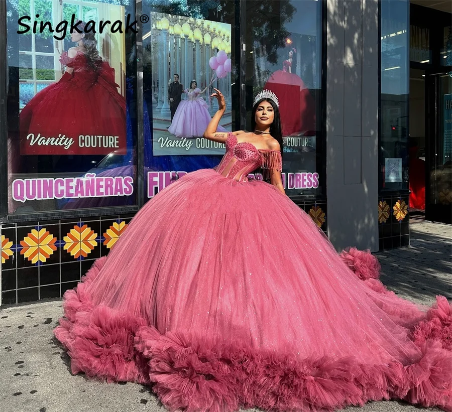 Elegant Dust Pink Puffy Beaded Quinceanera Dress 2024 Tassels Princess Crystals Ruffles Beads Vestidos De 15  Customized