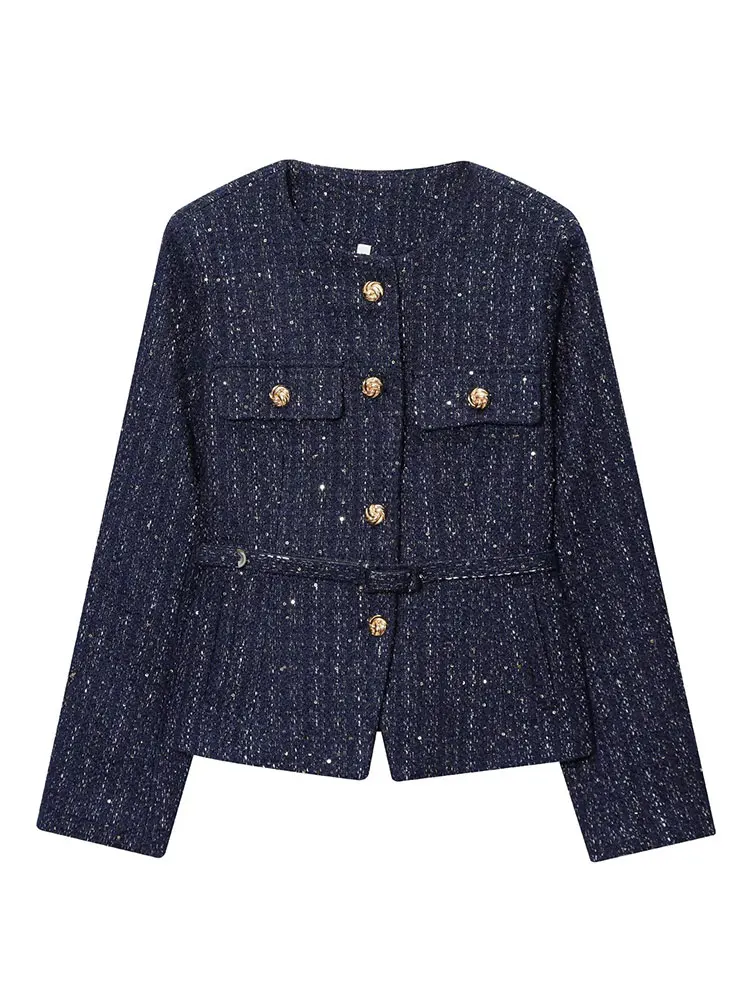 

HH 2025 Autumn Jacket For Women Fashion Metal Buttons Sequin Coat Long Sleeve O Neck Jacket With Belt Female Vintage Streetwear