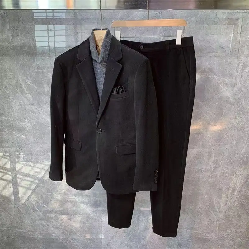 طقم بدلة على الموضة الصوفية الجديدة لخريف وشتاء 2025 ، مقاس سميك ونحيف ، طقم سراويل طويلة للرجال في المكتب والأعمال مكون من قطعتين #3