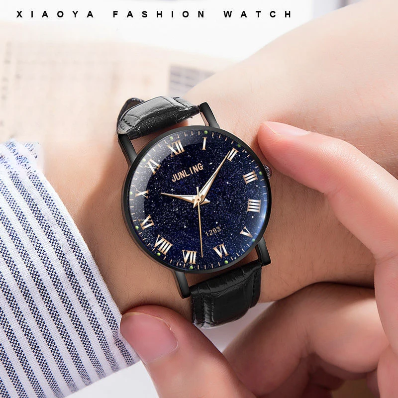 Men's Leather Strap Quartz Watch Starry Sky Roman Dial Luminous Business Fashion Male Watch For Daily Wear Office Boy Gifts