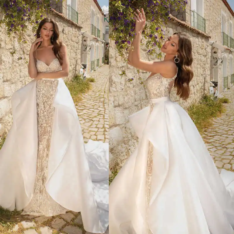 Glamorous Mermaid Wedding Dresses Spaghetti Strap Overskirt Prom Gowns Beadeds Appliques Bridal Gowns Customized