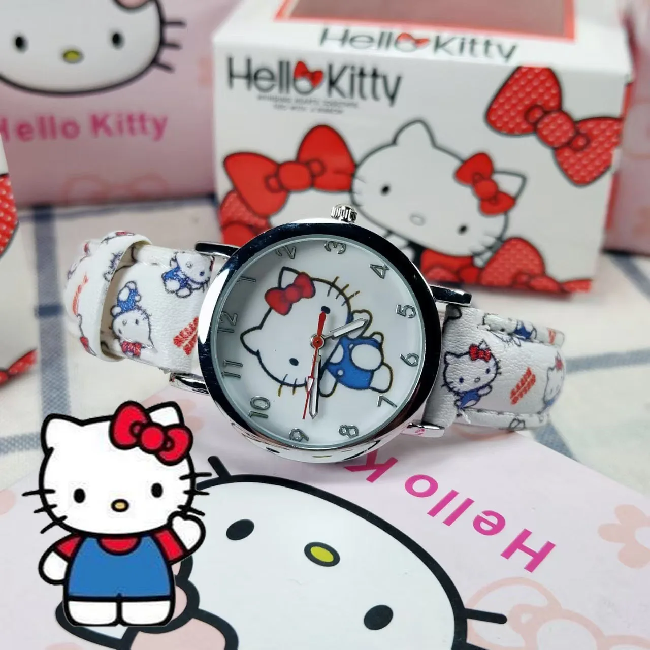 ซานริโอ'นาฬิกาผู้หญิงเฮลโลคิตตี้นาฬิกาการ์ตูนนาฬิกาโลหะผสมนาฬิกาข้อมือควอตซ์สายหนังสำหรับสาวของขวัญวันเกิด ﻿