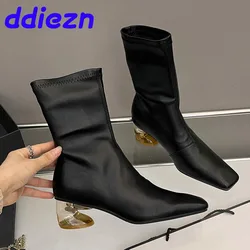 Fashion Strange Heels Footwear Ankle Stretch Boots For Women Designer Shoes Elastic Ladies Short Boots Female Slip On Shoes