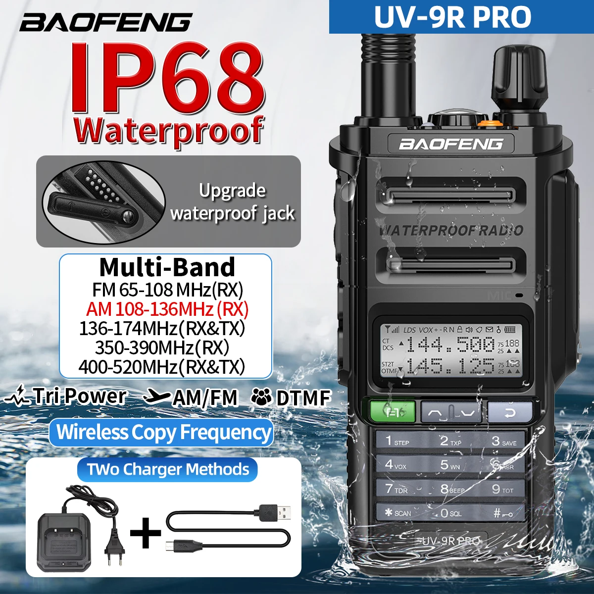 Baofeng UV-9R PRO Air Band Walkie Talkie IP68 Waterproof Multi Band Wireless Copy Frequency AM FM DTMF Long Range Two Way Radio