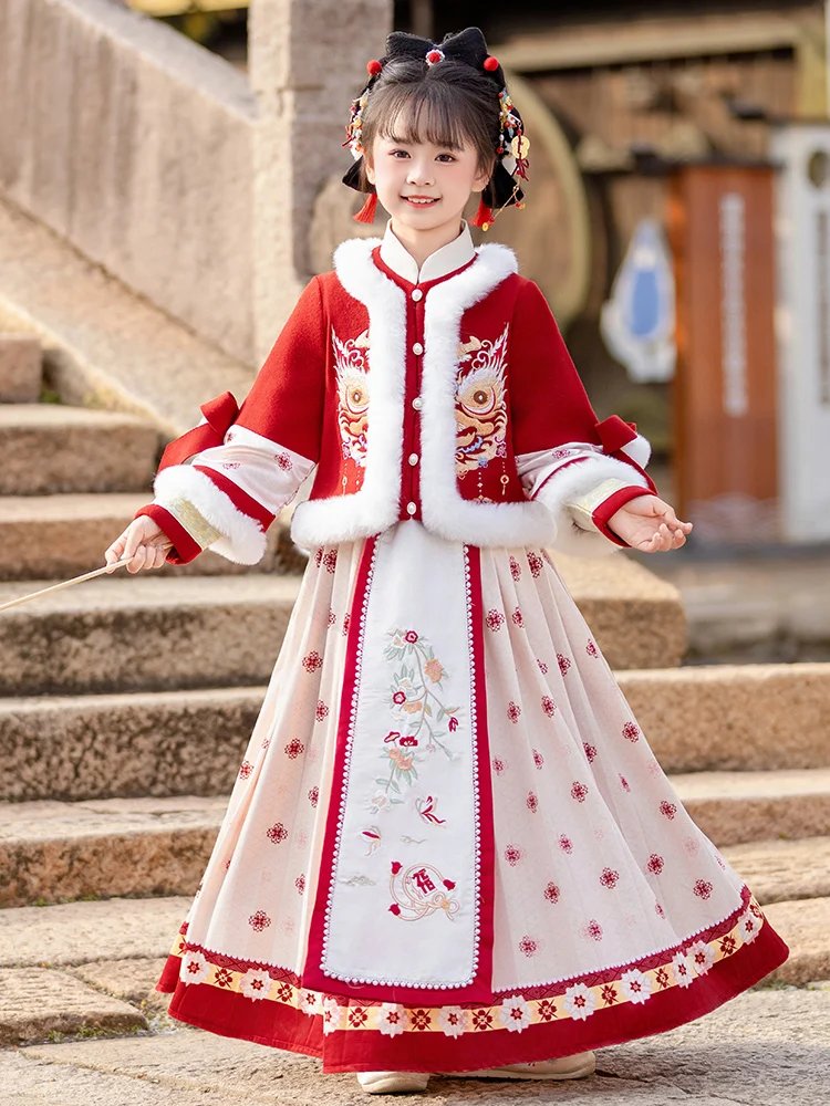 فستان هانفو مطرز جديد للفتيات شتوي دافئ للأطفال طقم فستان مبطن من الجنية القديمة للأطفال 2026 زي السنة الصينية الجديدة