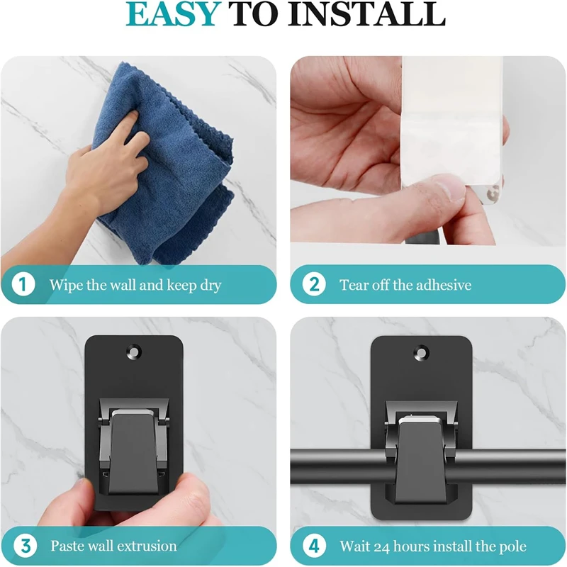 حامل قضيب الستارة العالمي 2/4 قطعة أسود بدون مثقاب ذاتي 3M لاصق يصل إلى 30 رطل للحمام وغرفة النوم وغرفة المعيشة والمطبخ #4