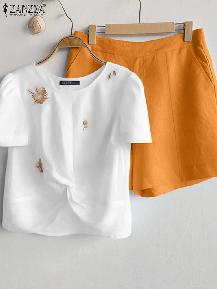 2025 ZANZEA Loose Women Sets Fashion Printed T Shirts Short Pants Matching Sets Summer Solid Elastic Waist Shorts Suits 2PCS