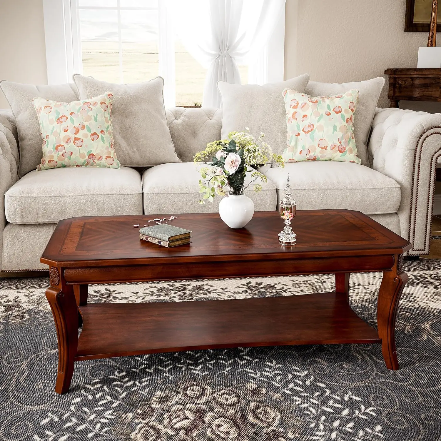 

Vintage Wood Coffee Table For Living Room, 47 Inches Rectangular 2-Tier Coffee Tables With Storage Shelf, Traditional Mid Centur