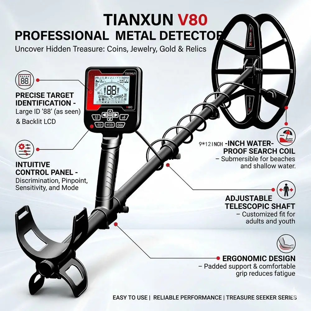 V80 Metal Detector Multi-Frequency Rechargeable Full Waterproof High Sensitivity Underground Gold Hunting Tool