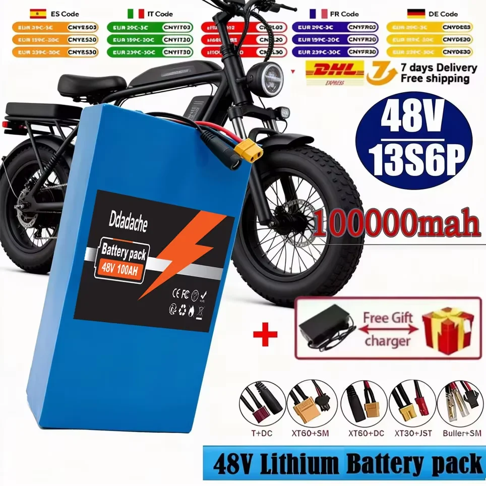 48V 100ah 13s6p Lithium-Ionen-Akku 48V 100000mAh 2000W Akku für Elektrofahrzeuge, Roller und Fahrräder, integriertes 50A BMS+Ladegerät