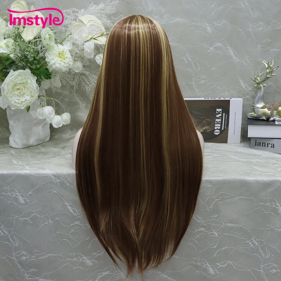 Imstyle Brown Wig Long Synthetic Lace Front Wig T Part Lace Wig Straight Hair Red Wigs For Women Heat Resistant Fiber Daily Wig