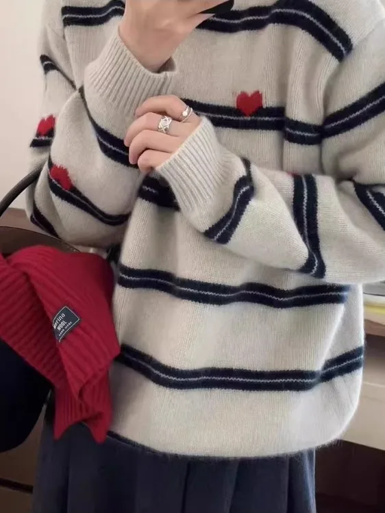 

Autumn Winter Women's Loose Heart Pattern Knitted Wool Sweater 00 Pure Wool Thiened Retro Sle Korean Series Long Sve